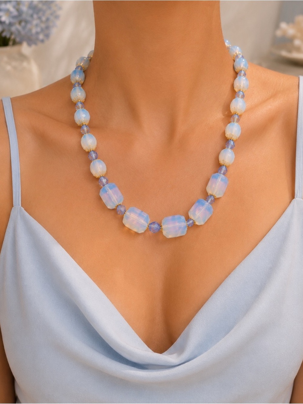 Faceted Opalite & Vintage Blue Crystal Necklace